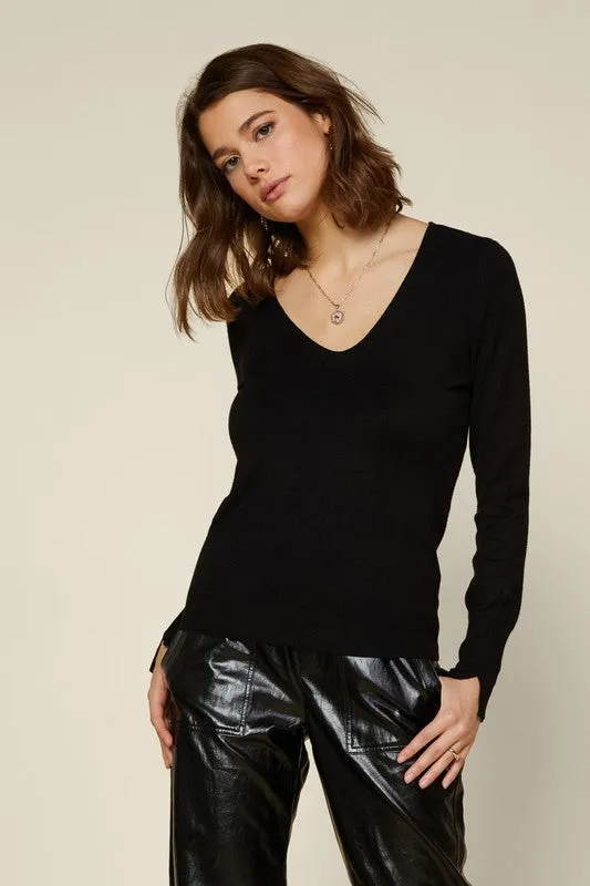 Long Sleeve V Neck Knit Essential Sweater With Cuff Slit