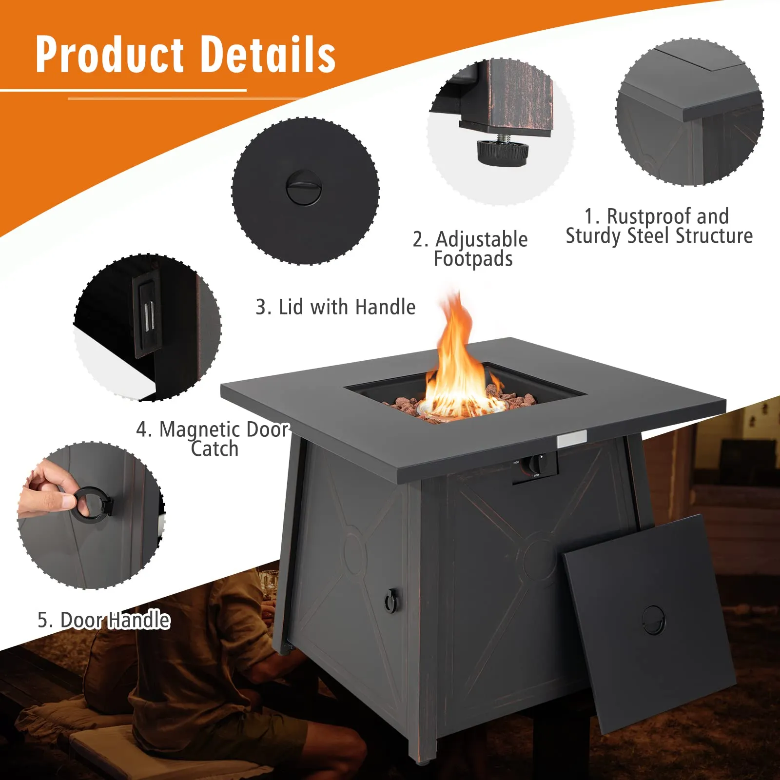 Tangkula 30 Inch Propane Gas Fire Table, Patiojoy 50,000 BTU Outdoor Square Fire Pit Table with Stainless Steel Burner