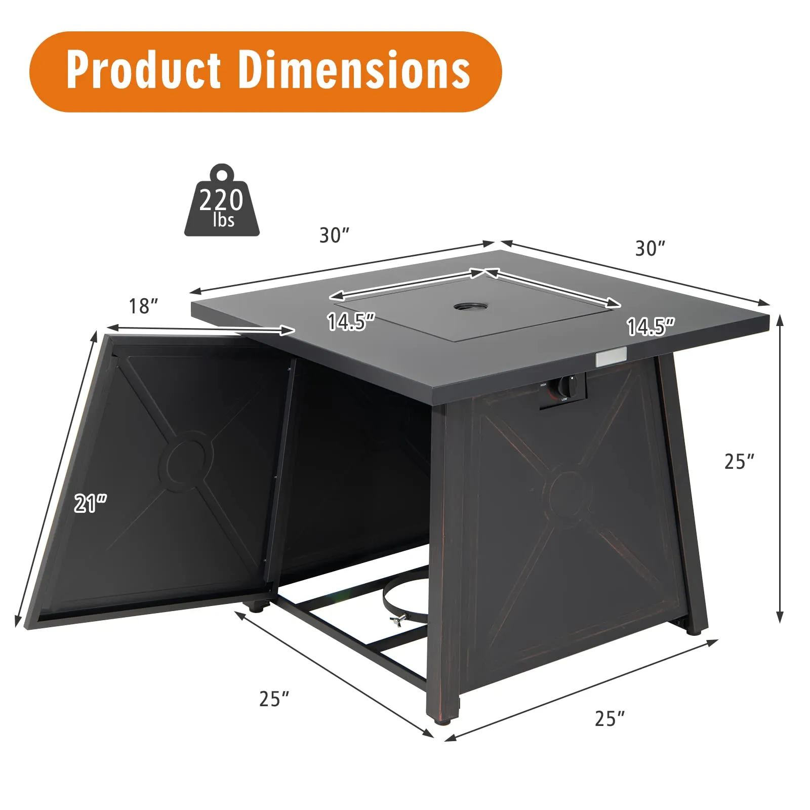 Tangkula 30 Inch Propane Gas Fire Table, Patiojoy 50,000 BTU Outdoor Square Fire Pit Table with Stainless Steel Burner