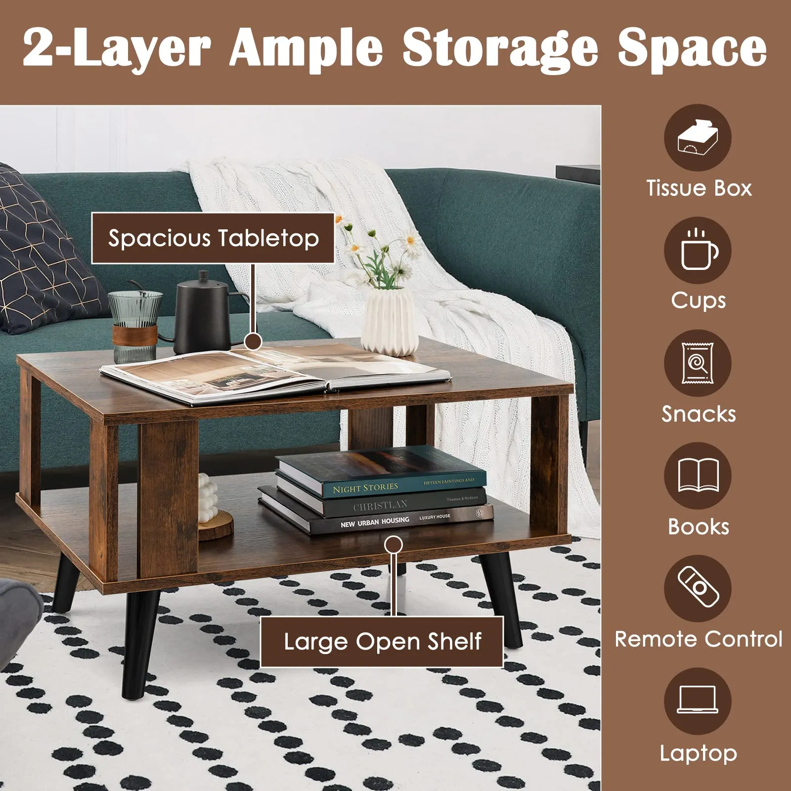 Tangkula Small Coffee Table for Small Space, 2-Tier Wooden Center Table with Open Storage Shelf