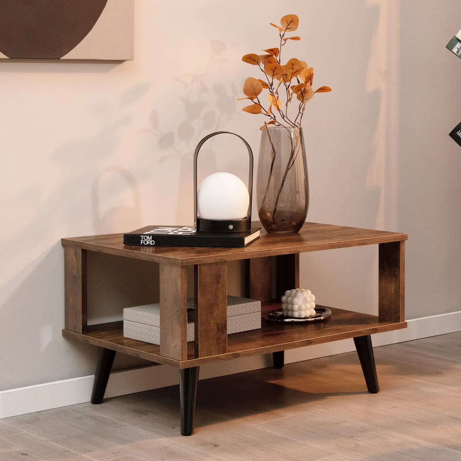 Tangkula Small Coffee Table for Small Space, 2-Tier Wooden Center Table with Open Storage Shelf