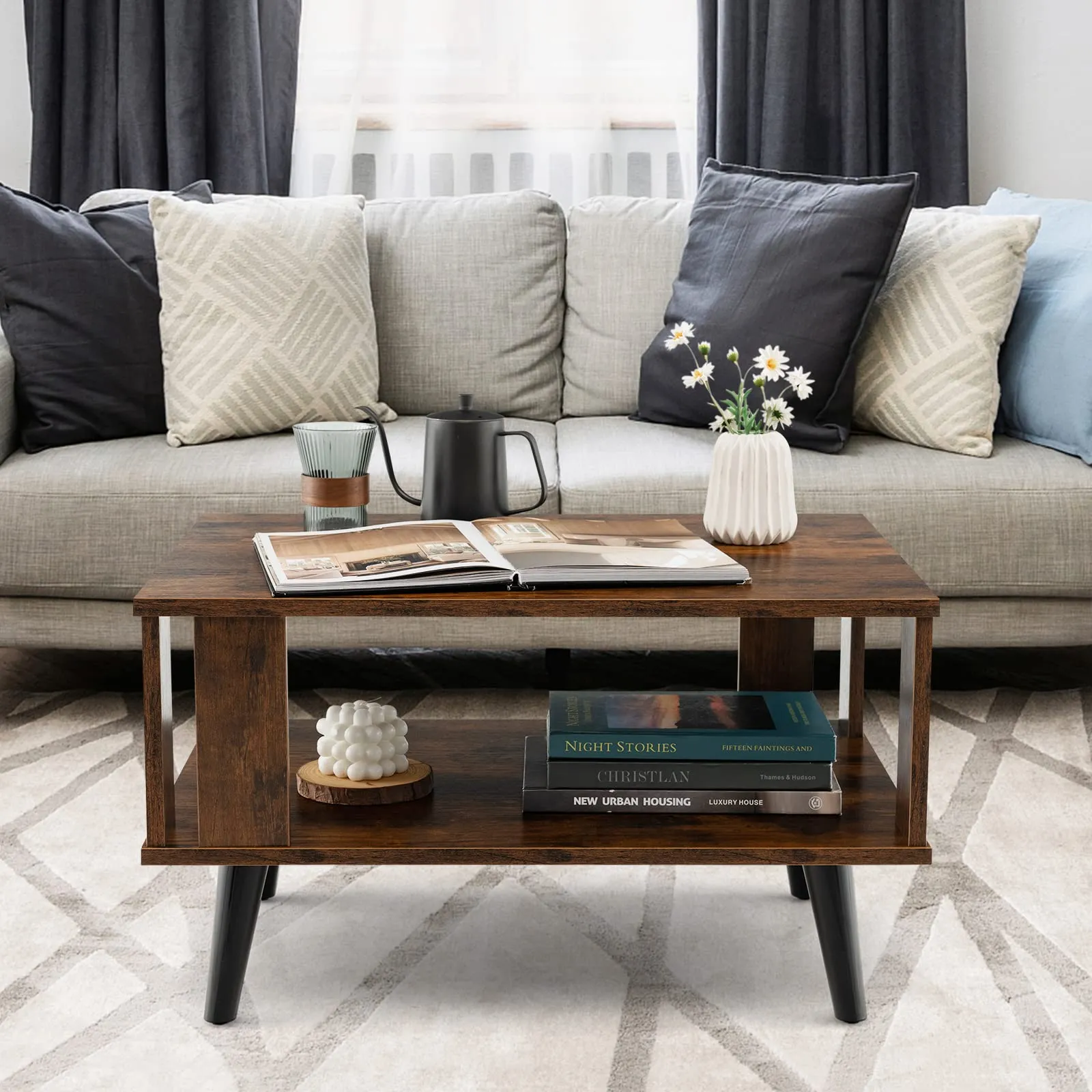 Tangkula Small Coffee Table for Small Space, 2-Tier Wooden Center Table with Open Storage Shelf