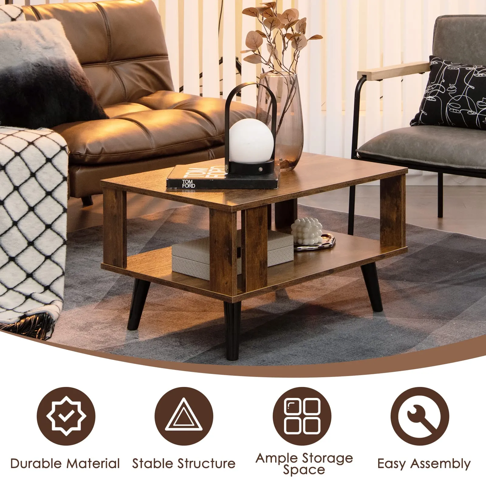Tangkula Small Coffee Table for Small Space, 2-Tier Wooden Center Table with Open Storage Shelf